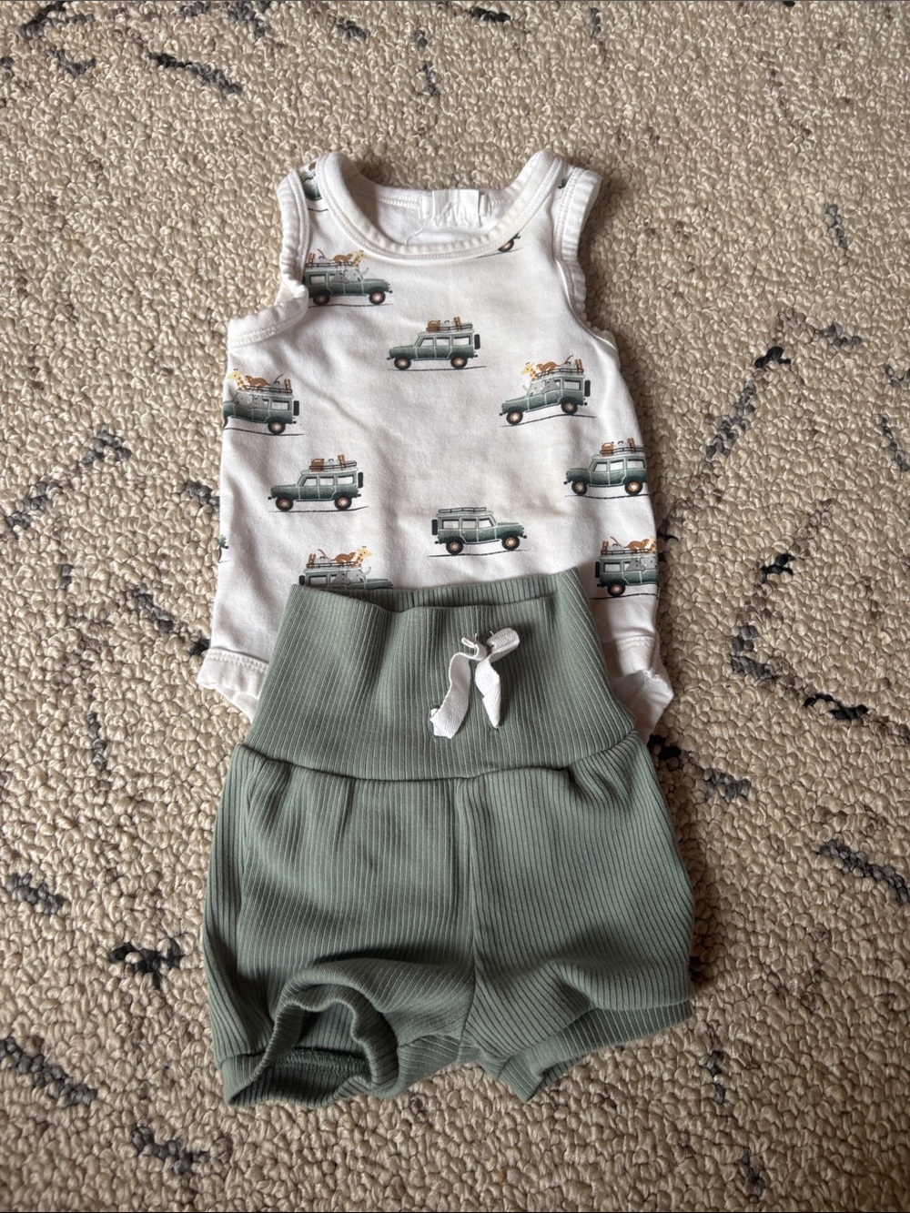 Petit Lem White Tank Bodysuit with Green Car Print & Sage Ribbed Shorts